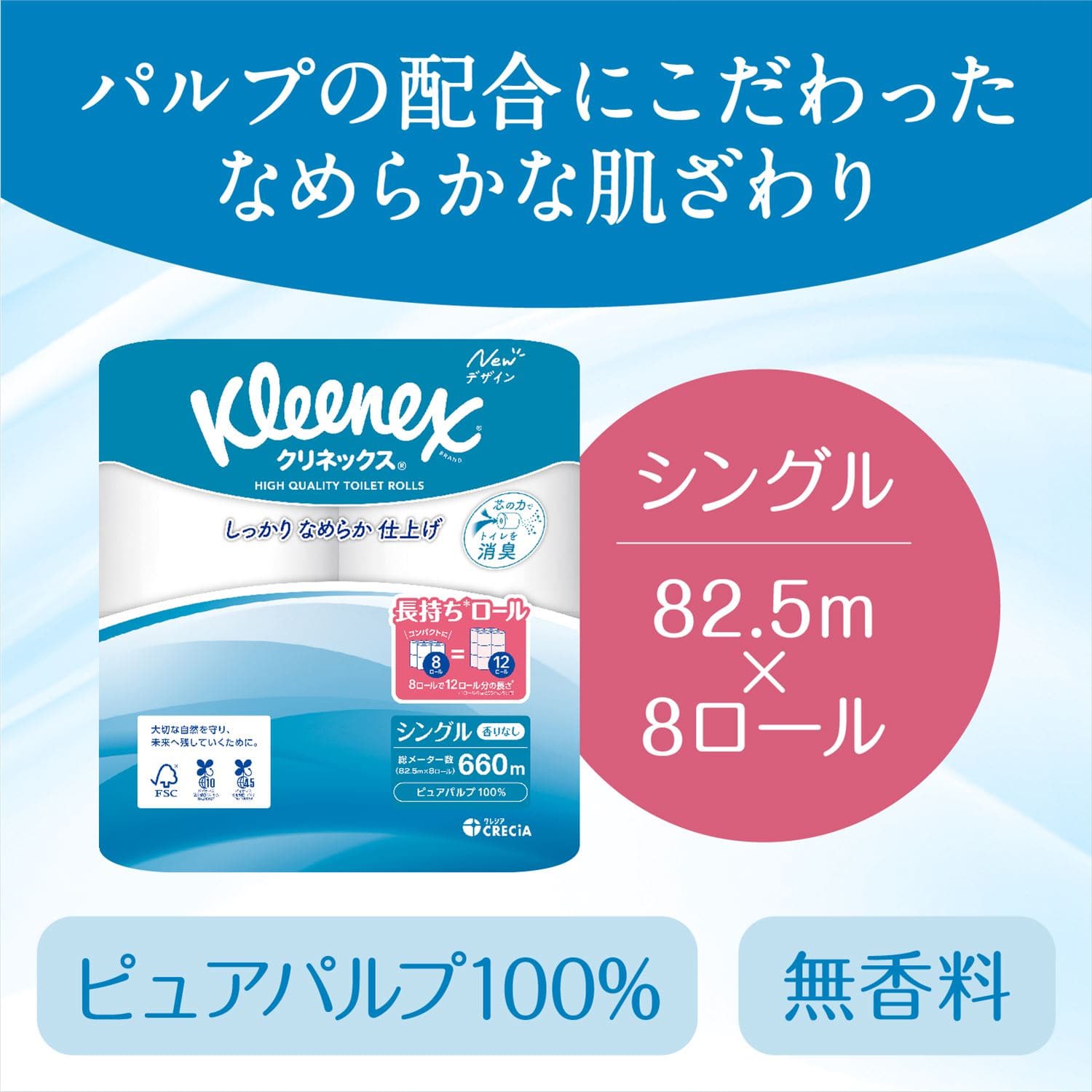 クリネックス 1.5倍巻き コンパクト8ロール シングル/ダブル8ロール×8パック 日本製紙クレシア