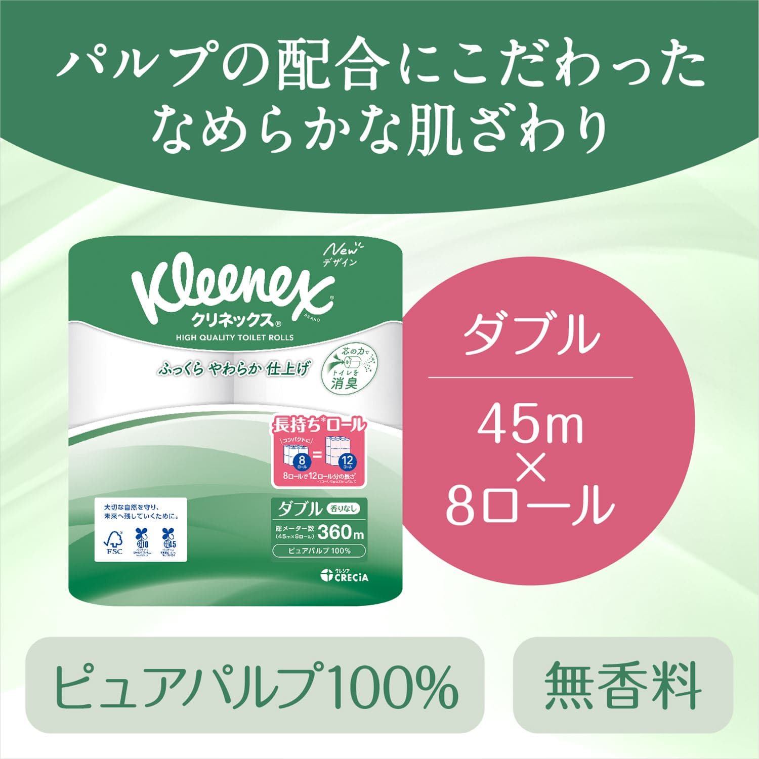 クリネックス 1.5倍巻き コンパクト8ロール シングル/ダブル8ロール×8パック 日本製紙クレシア