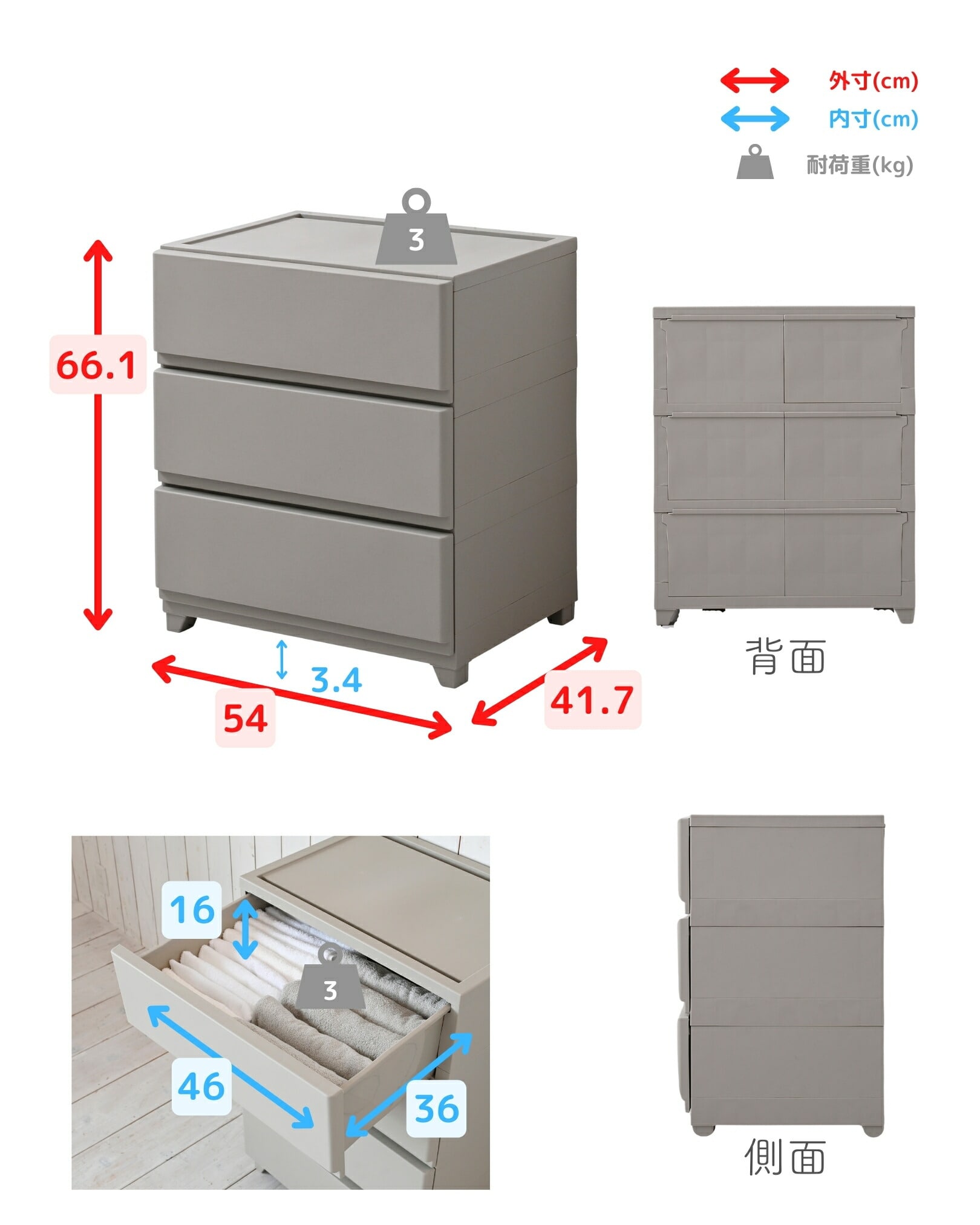 ホコリが入りにくいチェスト 中が透けない 壁付きチェスト ワイド 3段 幅54 奥行41.7 高さ66.1cm 日本製
