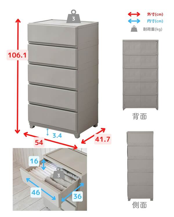 ホコリが入りにくいチェスト 中が透けない 壁付きチェスト ワイド 5段 幅54 奥行41.7 高さ106.1cm 日本製