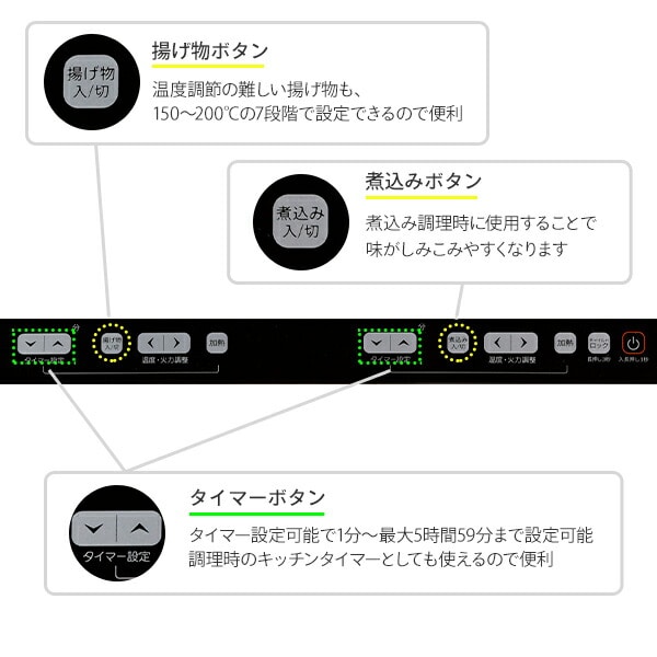 IHクッキングヒーター 2口 IHコンロ 1400W 幅52cm YET-W1452(B) | 山善