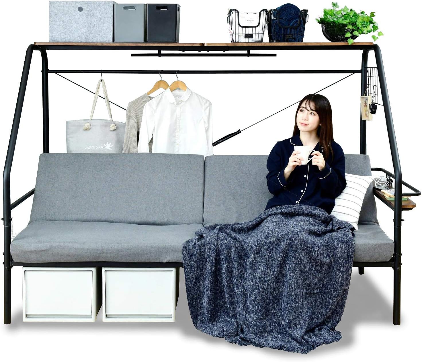 リサイクルサービス八光】幅98.5㎝ 山善 多機能ソファベッド 棚