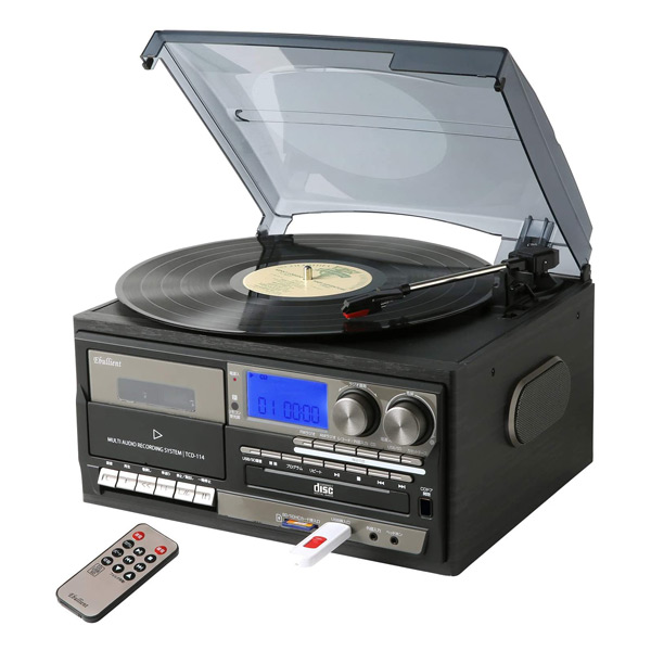 CDプレーヤーレコード プレーヤー リモコン付 CD レコード カセットテープ ラジオ SD
