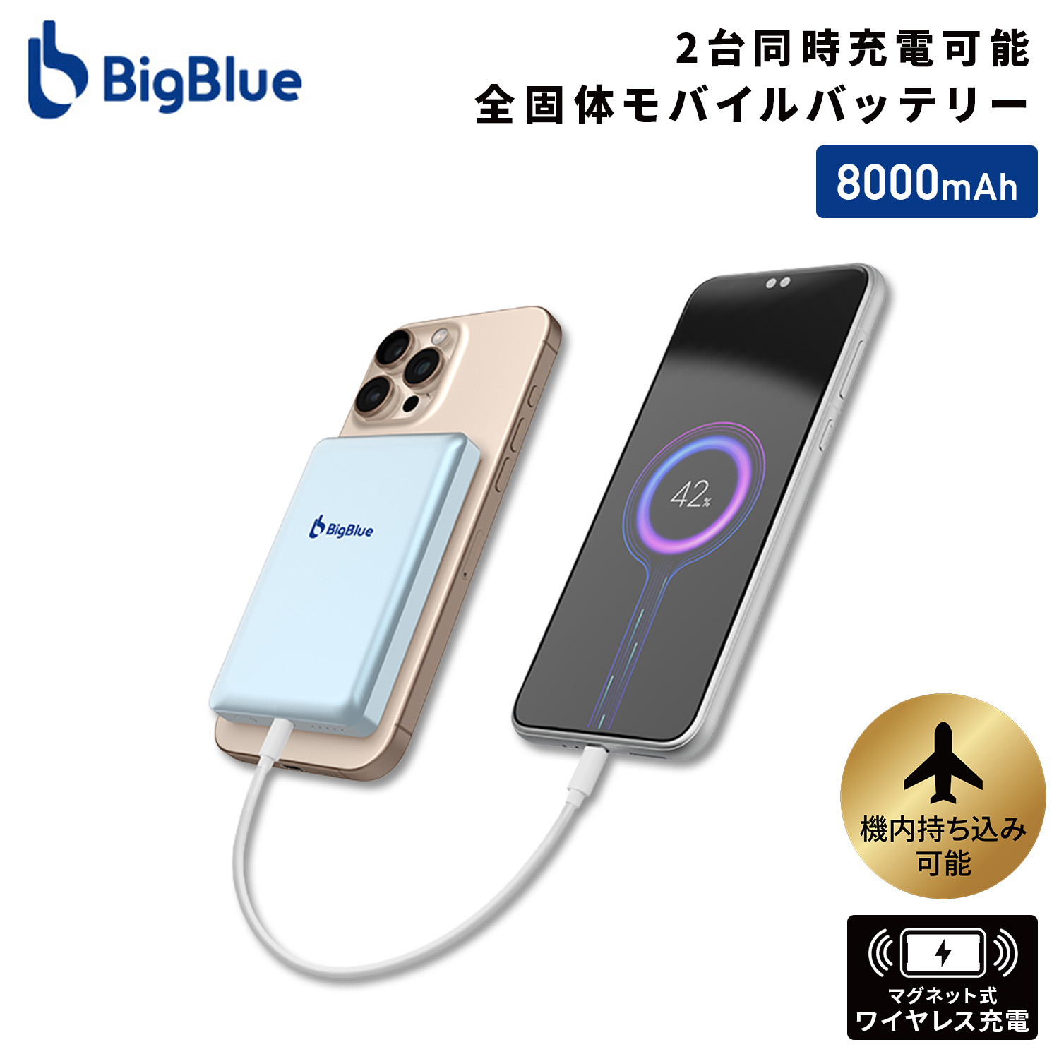【10％オフクーポン対象】 全固体 モバイルバッテリー 8000mAh PD20W 機内持ち込み可 (ワイヤレス/ケーブル充電対応) PF8 Bigblue Tech ビッグブルーテック