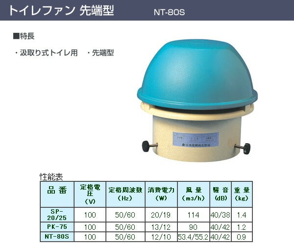 トイレファン 先端型 NT-80S グリーン、イエロー 日本電興