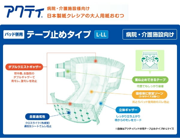 【10％オフクーポン対象】(業務用)アクティ パッド併用テープ止めタイプＬ-ＬＬサイズ (総吸収量：約1250cc)26枚×3(78枚) 日本製紙クレシア