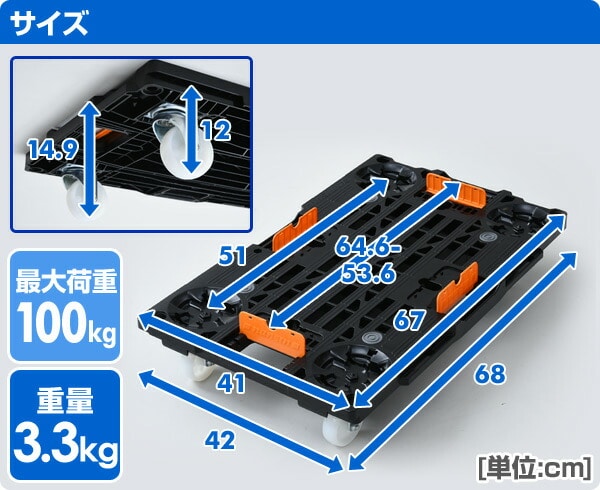 樹脂連結ドーリー 荷崩れ防止ガイド付き 積載荷重100kg PD-427-3SN / YND-7040 ナンシン