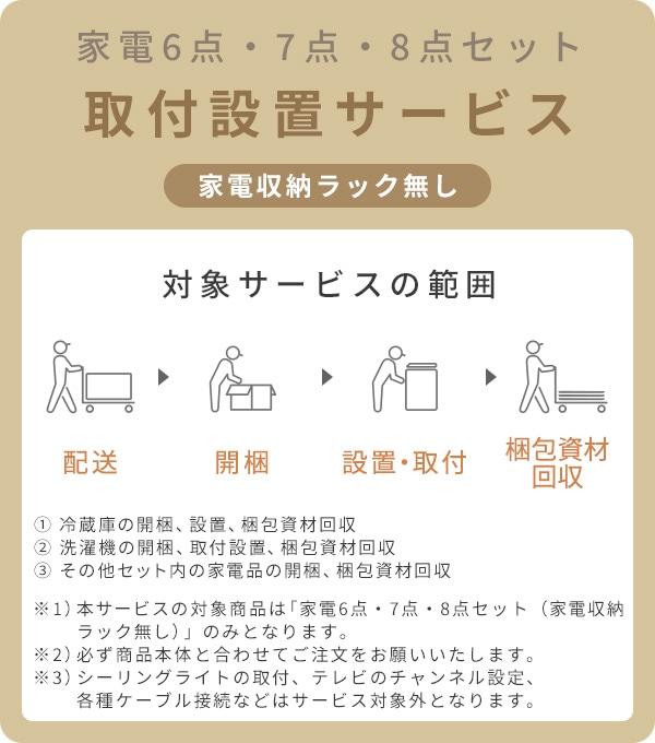 【10％オフクーポン対象】【代引不可】家電6点・7点・8点セット(家電収納ラック無し) 専用 設置サービス ※家電セットの台数分ご注文下さい