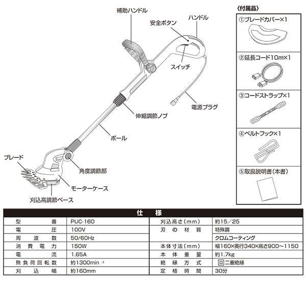 ポールアップグラスカッター(10m延長コード付) PUC-160 山善 YAMAZEN