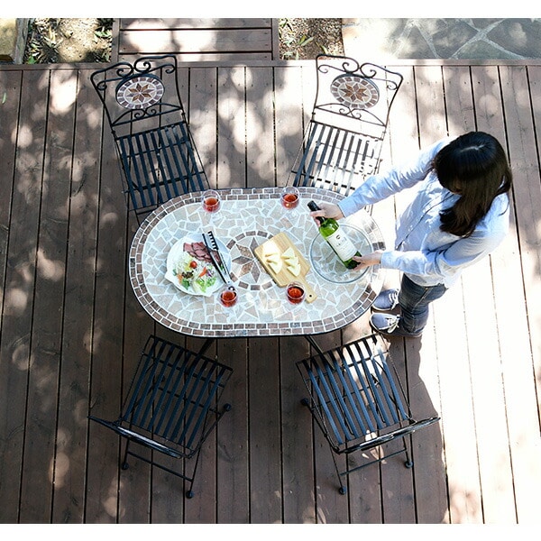 【10％オフクーポン対象】ガーデン テーブル セット モザイク調 オーバルタイプ 5点セット HMOT-1060＆HMC-87 山善 YAMAZEN ガーデンマスター