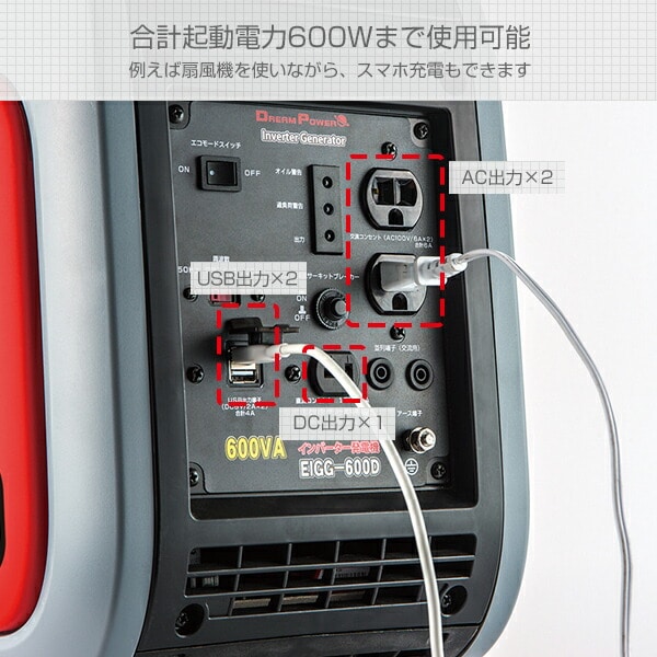 インバーター発電機 カセットボンベ式 小型 家庭用 600VA カセットボンベ(250g)×3本付き EIGG-600D ナカトミ NAKATOMI ドリームパワー