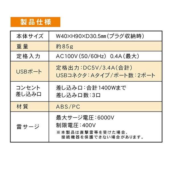 【10％オフクーポン対象】電源タップ 3個口 TPP500-GR USB 2ポート 急速充電 雷ガード搭載 トップランド TOPLAND