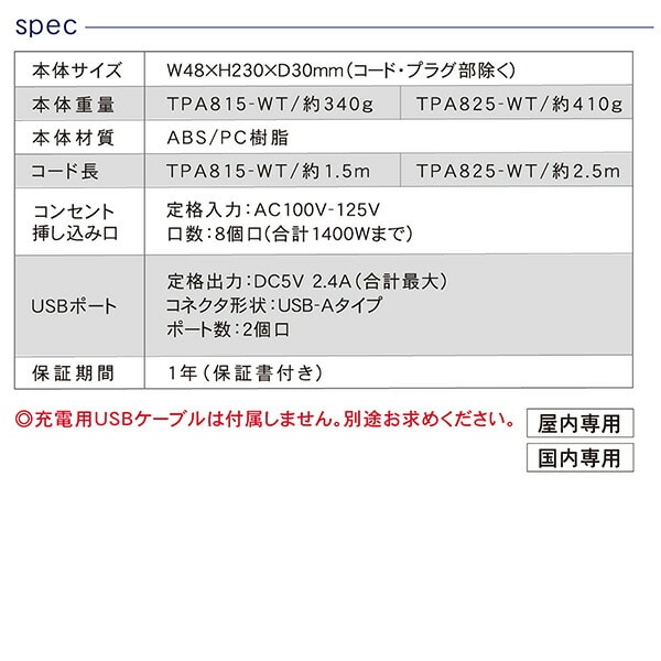 【10％オフクーポン対象】電源タップ 8個口 USBポート 2個口 1.5m 合計1400Wまで TPA815-WT ホワイト トップランド TOPLAND