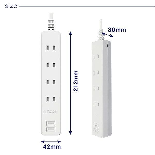 【10％オフクーポン対象】電源タップ 4個口 USBポート 2個口 1.5m 合計1400Wまで GT415-WT ホワイト トップランド TOPLAND