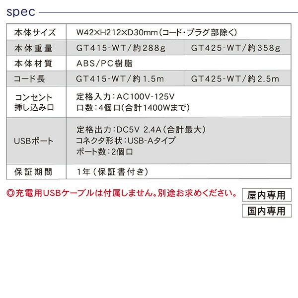 【10％オフクーポン対象】電源タップ 4個口 USBポート 2個口 1.5m 合計1400Wまで GT415-WT ホワイト トップランド TOPLAND