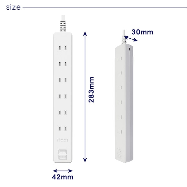 【10％オフクーポン対象】電源タップ 6個口 USBポート 2個口 2.5m 合計1400Wまで GT625-WT ホワイト トップランド TOPLAND