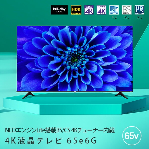 【代引不可】テレビ TV 65型 4K NEOエンジンLite搭載 HDR対応 外付けHDD録画対応 裏番組録画対応 65E6G ハイセンスジャパン  Hisense