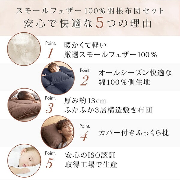 スモールフェザー100％ 羽根布団 5点セット シングル