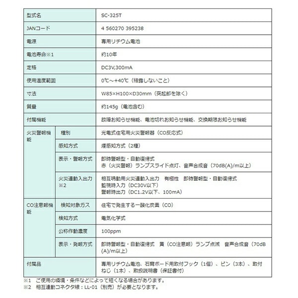 住宅用火災(煙式)・CO警報器 SC-325T 警報機 火災 一酸化炭素 ガス