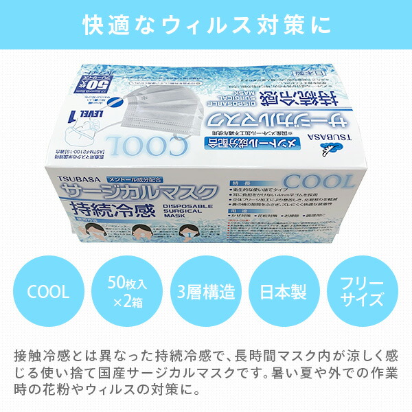 持続冷感 サージカルマスク 3層式 日本製 フリーサイズ メントール成分配合 50枚入×2箱 つばさ