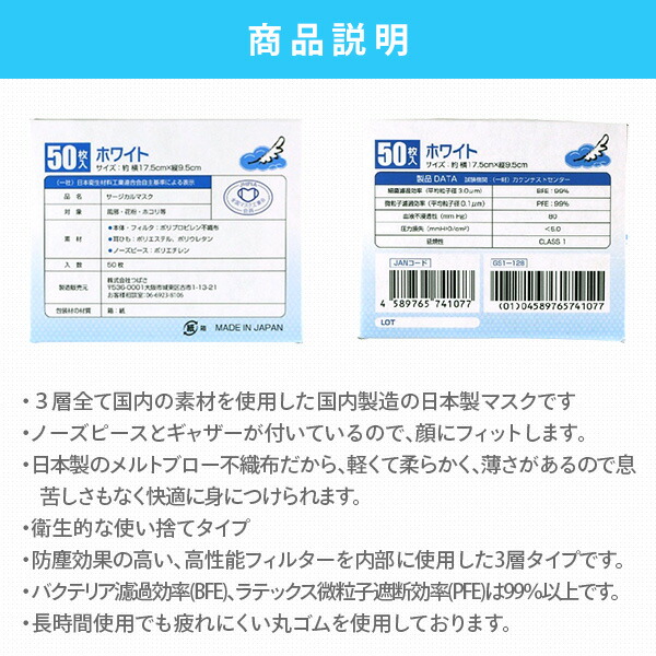 3層式 サージカルマスク 医療用 フリーサイズ 日本製 50枚入×2箱 つばさ