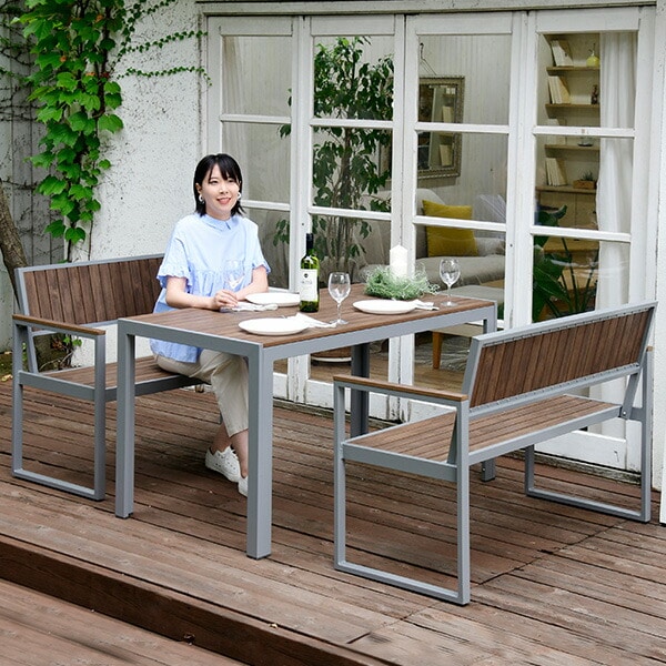 ガーデン テーブル セット 木目調 3点 テーブル(長方形)×1 ベンチ