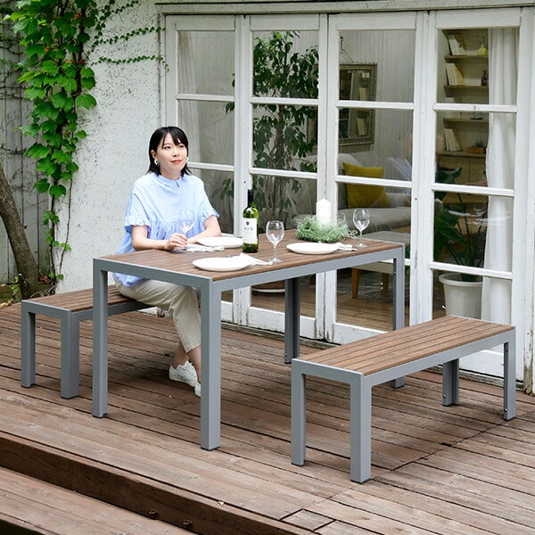 【10％オフクーポン対象】ガーデン テーブル セット 木目調 3点セット テーブル(長方形)×1 ベンチ(背無し)×2 KPT-1470＆KPB-120*2 山善 YAMAZEN ガーデンマスター