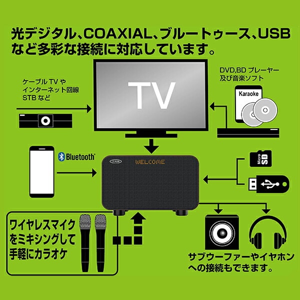 【10％オフクーポン対象】アンプ内蔵 カラオケスピーカー サウンドプロMAX Bluetooth 光ケーブル ワイヤレスマイク2本付属 TKMI-008 TO-PLAN トープラン