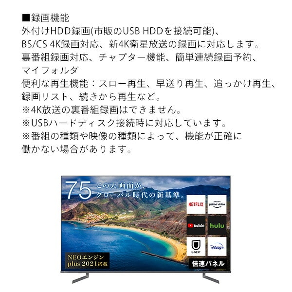 テレビ TV 75型 4K NEOエンジンplus2021搭載 HDR対応 外付けHDD録画対応 裏番組録画対応 75U8FG ハイセンスジャパン Hisense