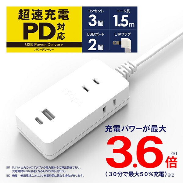【10％オフクーポン対象】PDスマートコードタップ30W 1.5m 電源タップ TPD15-WT ホワイト トップランド