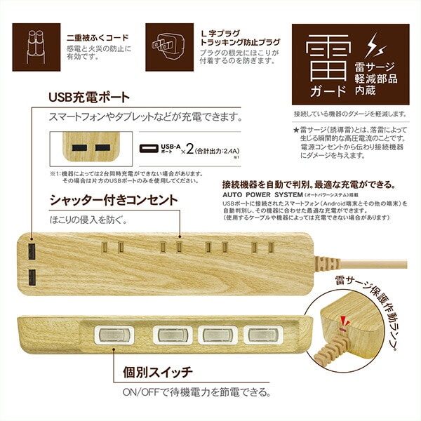 【10％オフクーポン対象】USB付き節電4個口タップ1.5m 電源タップ  MTS15 トップランド TOPLAND