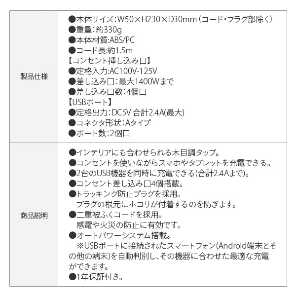 USB付き節電4個口タップ1.5m 電源タップ  MTS15 トップランド TOPLAND