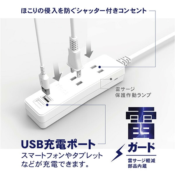 USBガード搭載コンセント2個口タップ2.5m 電源タップ  GT25-WT ホワイト トップランド TOPLAND