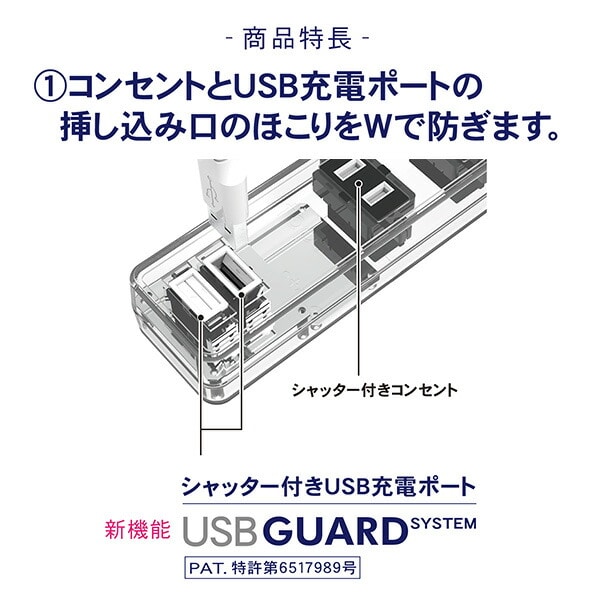 USBガード搭載コンセント2個口タップ1.5m 電源タップ GT15-WT ホワイト