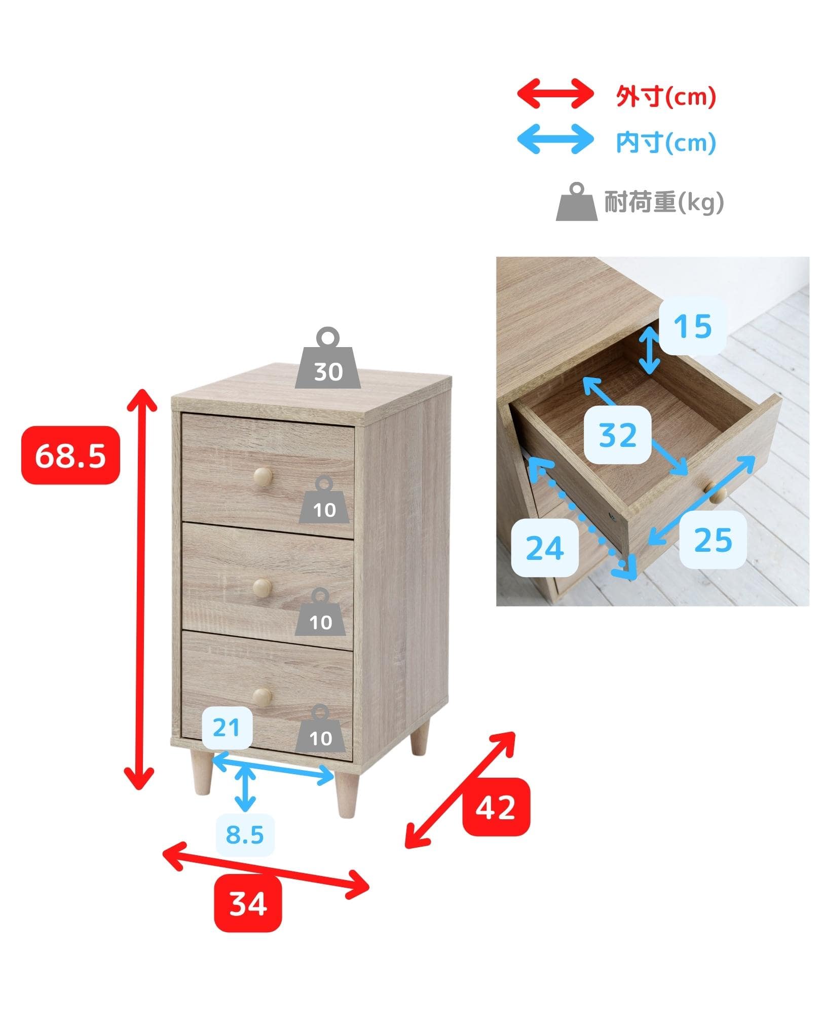 【10％オフクーポン対象】ホコリの入りにくい 木製 チェスト スリム 3段 幅34 奥行42 高さ68.5cm FCL-3S 山善 YAMAZEN