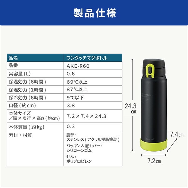 【10％オフクーポン対象】ステンレスボトル ワンタッチマグタイプ AKE-R60 ピーコック魔法瓶工業 Peacock