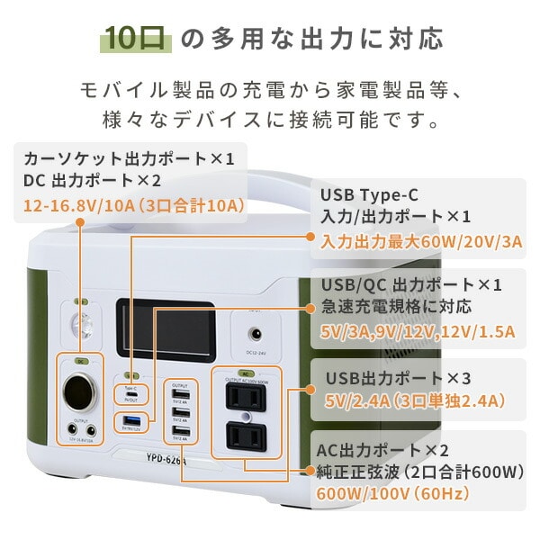 ポータブル電源 大容量174000mAh /626.4Wh 出力AC/USB/QC/Type-C/DC/カーソケットYPD-626A 山善 YAMAZEN