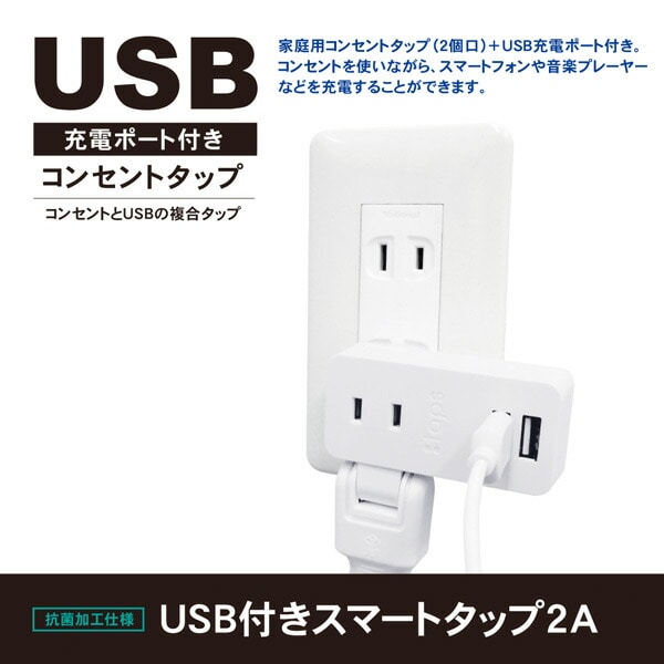 USB付き電源タップ スイングプラグ 2個口 STPP100-WT トップランド