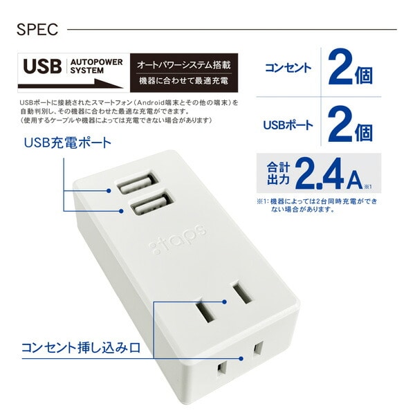 【10％オフクーポン対象】USB付き電源タップ スイングプラグ 抗菌 2個口 最大出力2.4A STPP200-WT トップランド TOPLAND