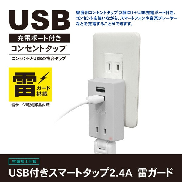 【10％オフクーポン対象】USB付き電源タップ 雷ガード付き スイングプラグ 抗菌 2個口 最大出力2.4A STPP300-GR トップランド TOPLAND