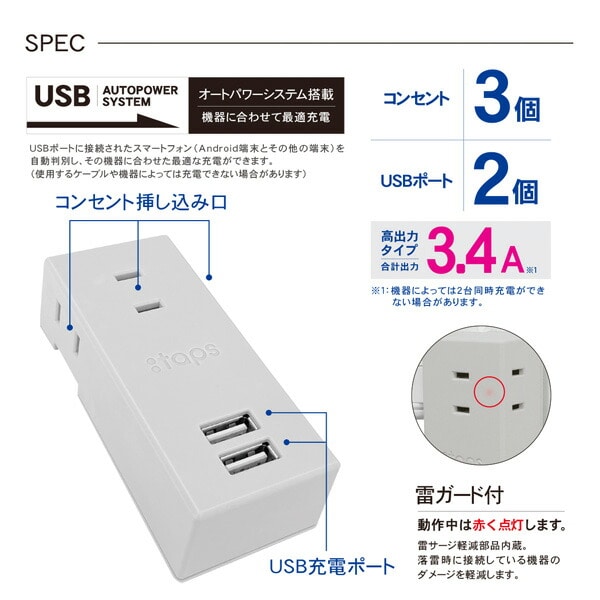 【10％オフクーポン対象】USB付き電源タップ 雷ガード付き スイングプラグ 抗菌 3個口 最大出力3.4A STPP500-GR トップランド TOPLAND