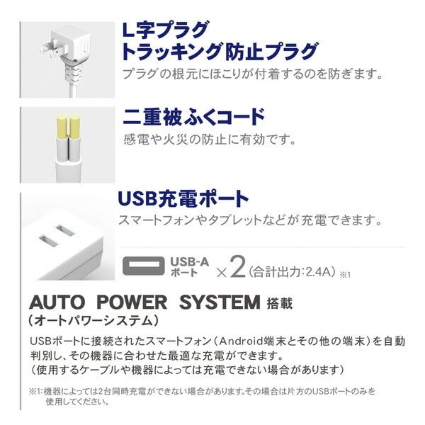 【10％オフクーポン対象】延長コード USB付き電源タップ 抗菌仕様 2個口タップ ケーブル2m STPA20-WT トップランド TOPLAND