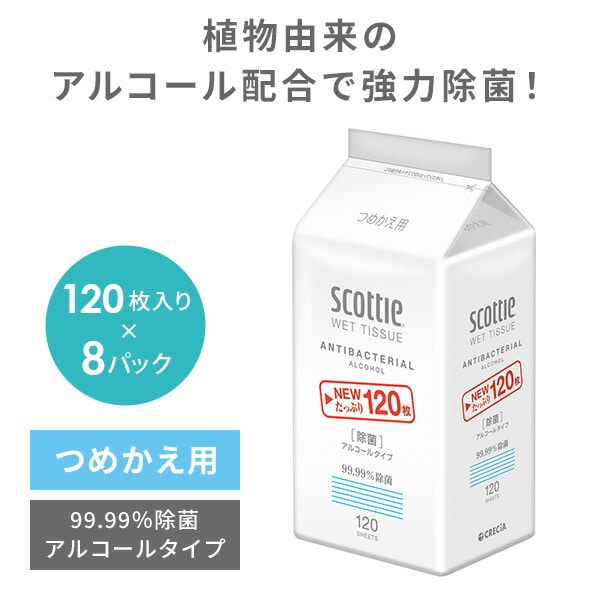 スコッティ ウェットティッシュ 除菌 アルコール つめかえ用 120枚入×8パック 日本製紙クレシア