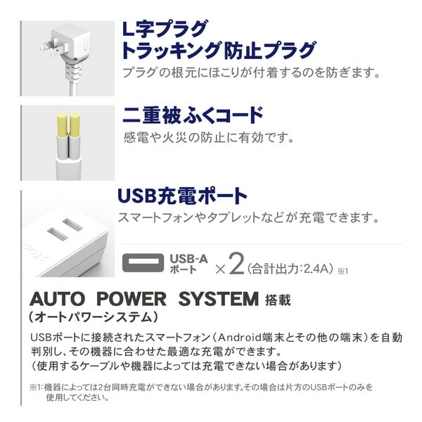 【10％オフクーポン対象】延長コード USB付き電源タップ 抗菌仕様 4個口タップ ケーブル2m 最大出力2.4A仕様 STPA420-WT トップランド TOPLAND