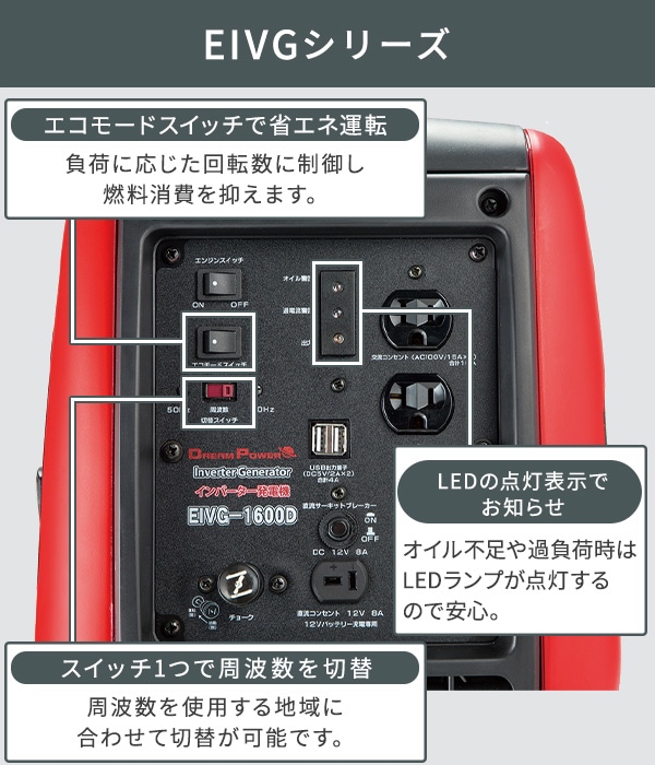 インバーター発電機 小型 家庭用 1600VA 50/60Hz切替 USB出力端子2口