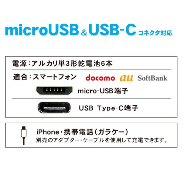 電池交換充電器 乾電池 大容量 Wコネクタ microUSBケーブル付属 Type-C変換アダプタ CHSPBT6WC-WT トップランド TOPLAND