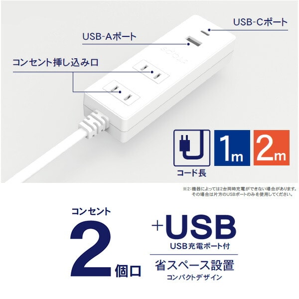 【10％オフクーポン対象】USB付き電源タップ 1m 2m USB TypeA+Cポート 抗菌仕様 2個口タップ STPAC10/20 ホワイト トップランド TOPLAND