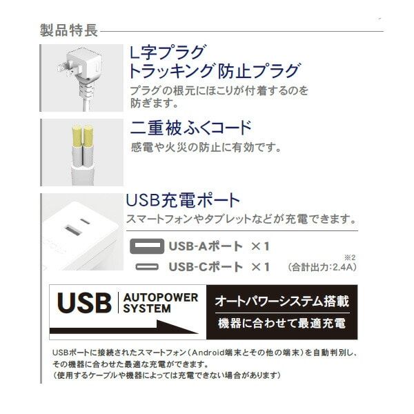 【10％オフクーポン対象】USB付き電源タップ 1m 2m USB TypeA+Cポート 抗菌仕様 2個口タップ STPAC10/20 ホワイト トップランド TOPLAND