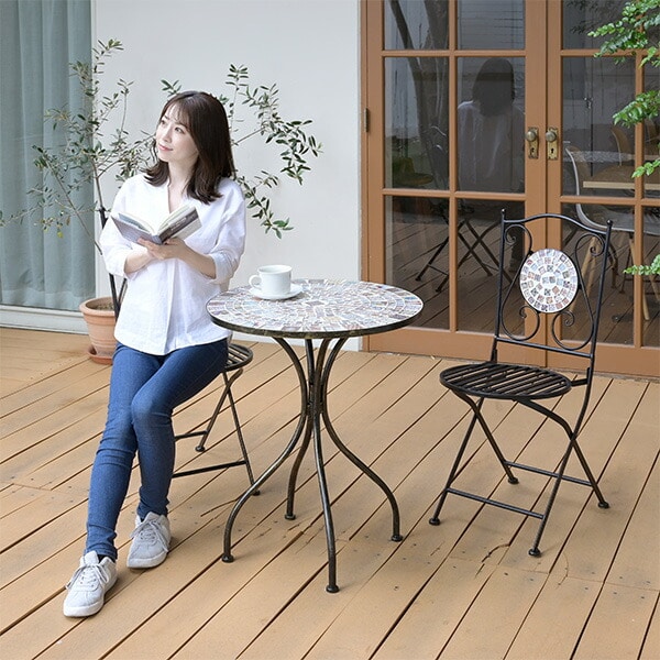 ガーデン テーブル セット 3点 アンティーク調 AMTS-60 モザイク×アンティークブラック 山善 YAMAZEN ガーデンマスター