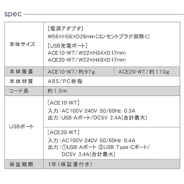 【10％オフクーポン対象】1.5m USB電源コード (USB-A×2) (USB-A×2・USB Type-C×1) ACE10-WT/ACE20-WT トップランド TOPLAND